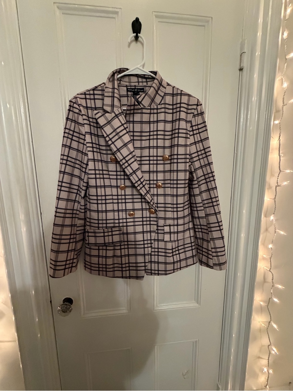 Plaid Double-Breasted Blazer Jacket - Cream & Black